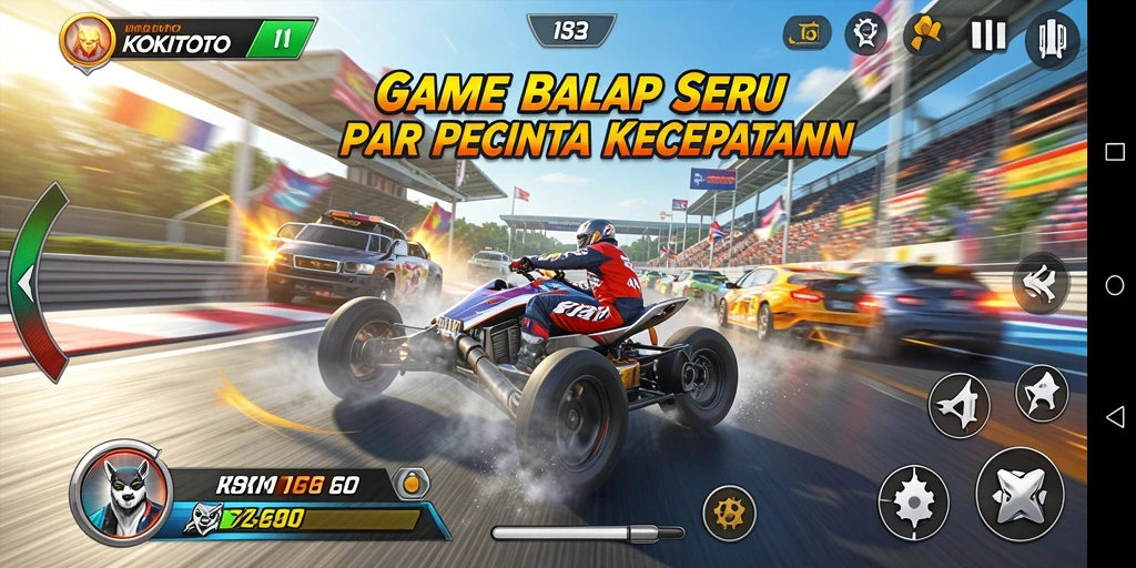 Gameplay seru KOKITOTO dengan mobil balap yang cepat.