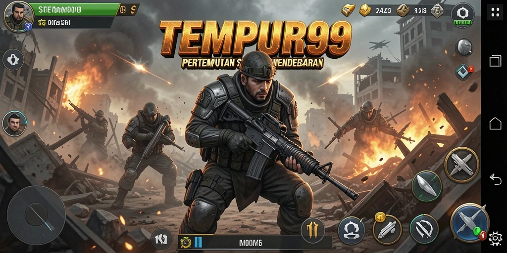 Tampilan screenshot utama TEMPUR99 yang menunjukkan aksi pertempuran strategis.