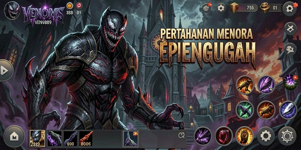 Tampilan gameplay menarik dalam VENOM889 yang menonjolkan strategi Tower Defense.